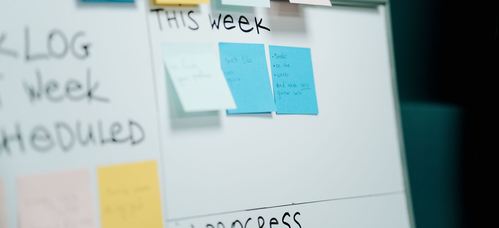 A planning board with hand-written columns and sticky notes, the kind of wall a discovery workshop leaves behind